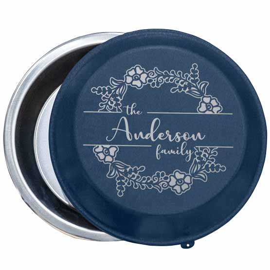 Pie Pan with Navy Blue Lid Opened