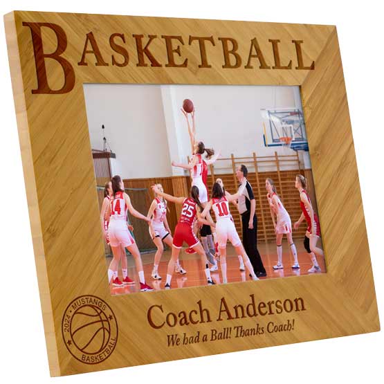 Personalized Bamboo Picture Frame with Coach's Name, Team Name and Year. Holds a 5" x 7" Landscape Picture.
