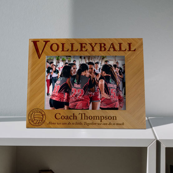 Personalized Sports Bamboo Picture Frame, Engraved with Coach's Name, a Personal Message, Team Name and Year on Table