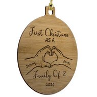 Bamboo Christmas Ornament With Custom Art Of Hands Making Heart And Custom Year And First Christmas As Family Of 2 Text