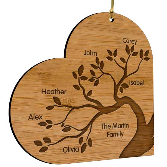 A laser cut bamboo Family tree ornament, cut into the shape of a heart. Laser engrave up to six names. Includes a gold string