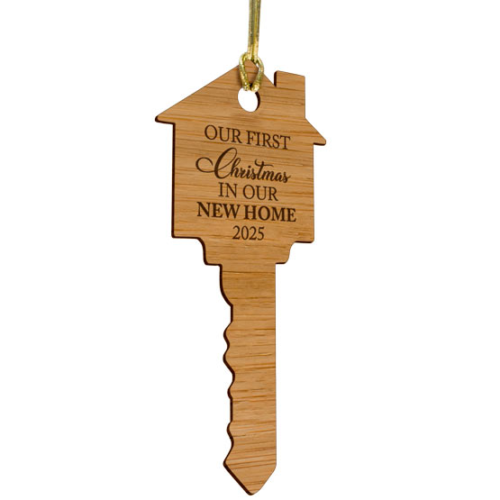 Customizable Key Ornament crafted from eco-friendly bamboo hanging from golden string. Easy to design with the just date