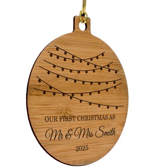 Customizable Married Couple Bamboo Ornament made of eco-friendly bamboo and designed with Family name, titles and date. 