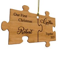 Customizable First Christmas Together ornament laser cut into the shape of a puzzle piece. Made from eco-friendly bamboo.