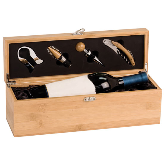 Open Bamboo Wine Box with Tools