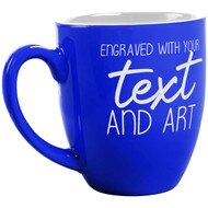 Custom Engraved 16 oz Blue Ceramic Bistro Coffee Mug and Your Message and Art or Logo