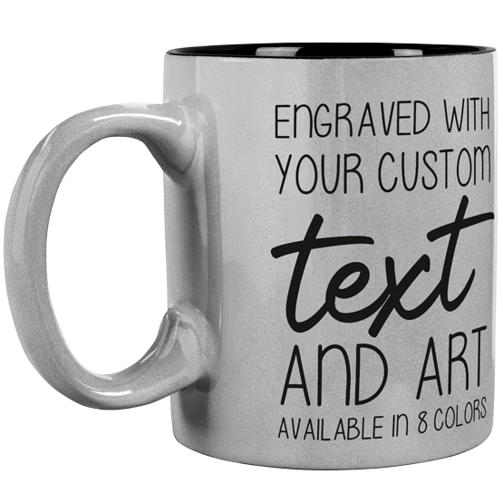 Custom Engraved 11 oz Silver Ceramic Coffee Mug and Your Message and Art or Logo