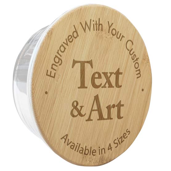 Round Glass Baking Dish With Light Bamboo Lid Featuring Engraving And Sizing Options Custom Text