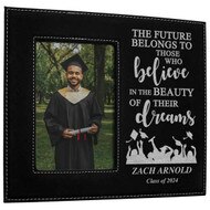 Custom Engraved Black Faux Leather Graduation Frame with Personalized Name and Class Year. Engraved with beauty of their dreams phrase.