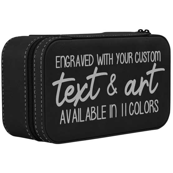 Black Faux Leather Jewelry Box With Silver Stitching And Custom Text Featuring Engraving And Color Options