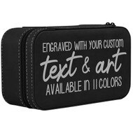 Black Faux Leather Jewelry Box With Silver Stitching And Custom Text Featuring Engraving And Color Options
