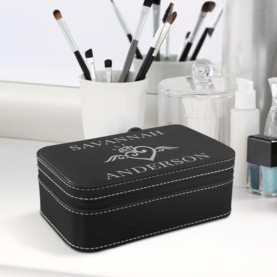 Jewelry Box With Black Faux Leather And Silver Stitching Featuring Custom Names And Art Sitting On White Makeup Dresser