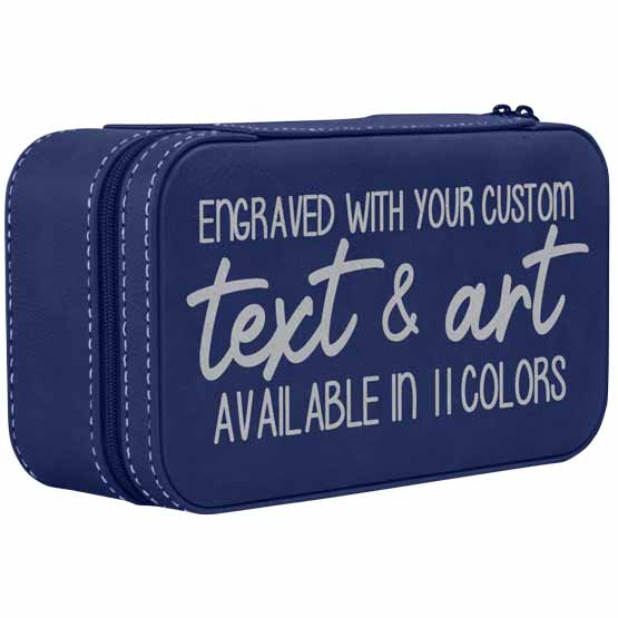 Custom Jewelry Box With Blue Faux Leather And Silver Stitching And Text Featuring Engraving And Color Options