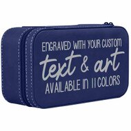 Custom Jewelry Box With Blue Faux Leather And Silver Stitching And Text Featuring Engraving And Color Options