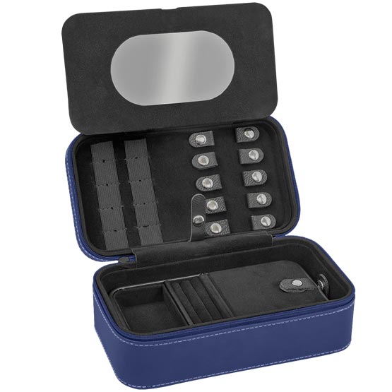 Open, Custom Faux Leather Jewelry Box Showing The Inside Compartments And Insert.