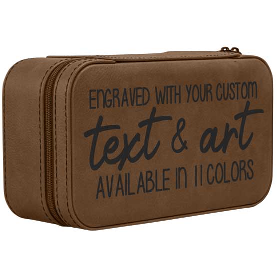 Isometric View Of Dark Brown Faux Leather Jewelry Box Featuring Custom Text With Engraving And Color Options