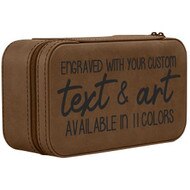 Isometric View Of Dark Brown Faux Leather Jewelry Box Featuring Custom Text With Engraving And Color Options