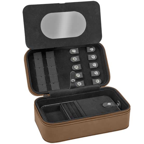 Open, Custom Faux Leather Jewelry Box Showing The Inside Compartments And Insert.
