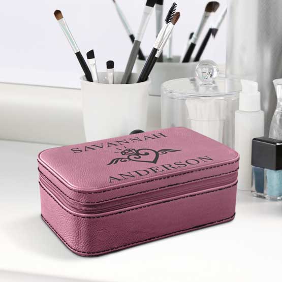 Jewelry Box With Darker Pink Faux Leather Featuring Custom Name Text And Art On Bright White Makeup Dresser