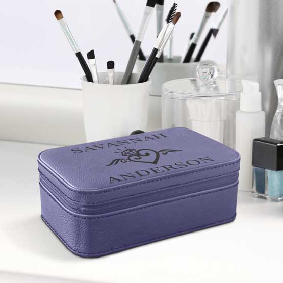 Jewelry Box With Purple Faux Leather Design Featuring Custom Names And Art Displayed On Makeup Dresser With Brushes