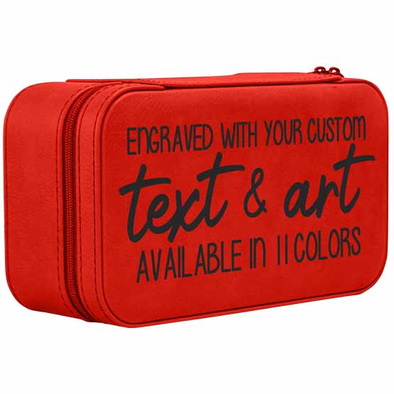 Custom Red Faux Leather Jewelry Box With Zipper And Text Featuring Color And Engraving Options