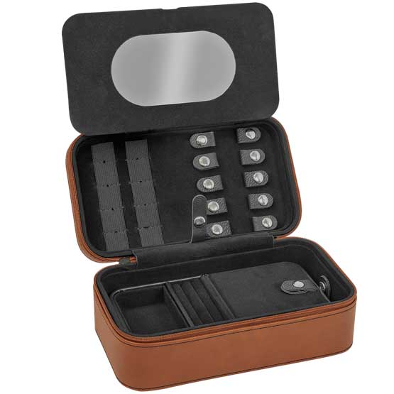 Open, Custom Faux Leather Jewelry Box Showing The Inside Compartments And Insert.