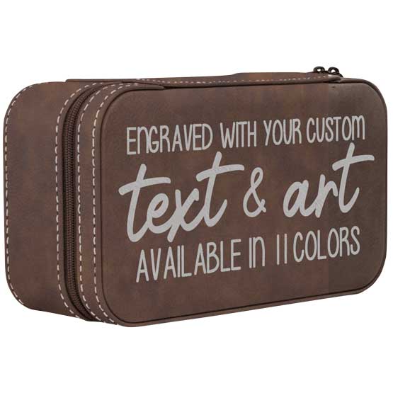 Custom Jewelry Box With Faux Leather Rustic Design Featuring Text With Engraving And Color Options