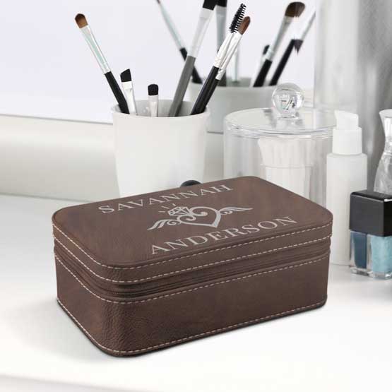 Jewelry Box With Rustic Faux Leather Design Featuring Custom Names And Art On White Makeup Dresser With Brushes