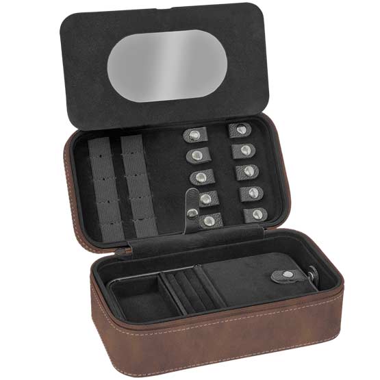 Open, Custom Faux Leather Jewelry Box Showing The Inside Compartments And Insert.