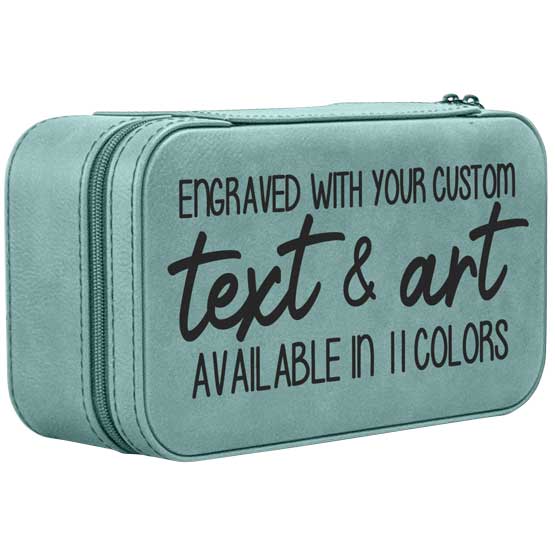 Teal Faux Leather Jewelry Box With Zipper And Custom Text Featuring Color And Engraving Options