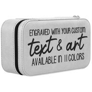 Custom White Faux Leather Jewelry Box With Standard Stitching And Text Featuring Engraving And Color Options