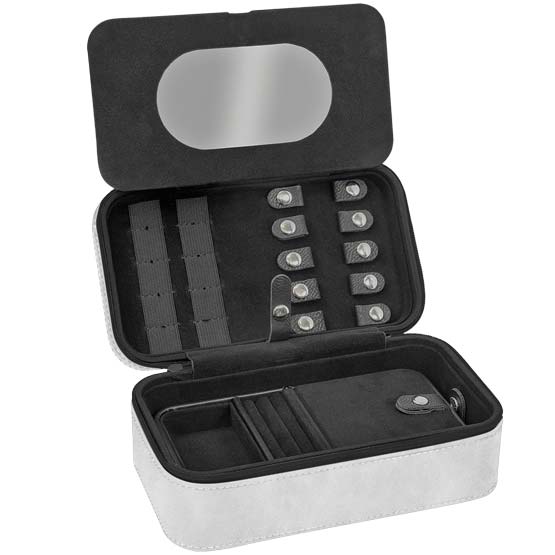 Open, Custom Faux Leather Jewelry Box Showing The Inside Compartments And Insert.