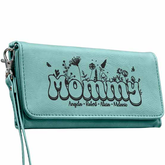Custom Mother's Day Gift, a Teal Wrist Wallet engraved with Flowers, Mommy, and Children's Names.