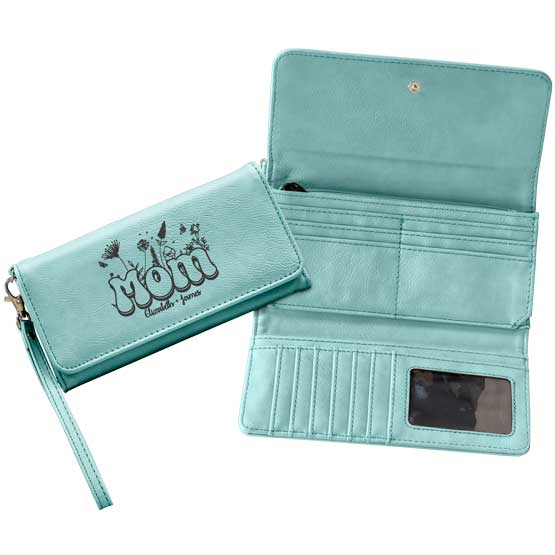 Open view of Custom Engraved Mom Wallet with Kid's Names.