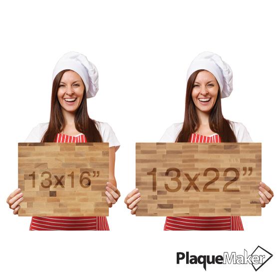 All Available Sizes Of Maple Butchers Block Cutting Board Held By Woman To Show Size