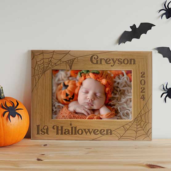 Custom Engraved Babys First Halloween Picture Frame On Table Near Pumpkin