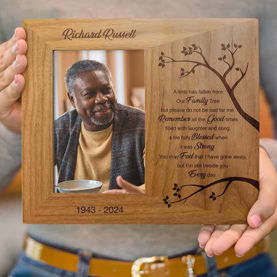 Custom Engraved Memorial Picture Frame featuring limb from our family tree. Engraved with your loved one's details and holds 4x6" picture.