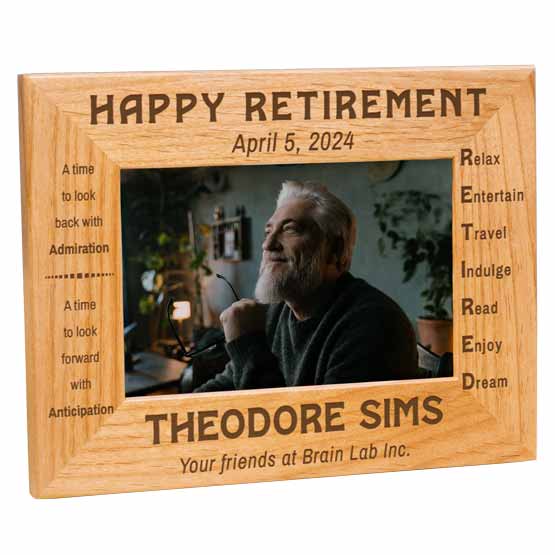 Celebrate the achievements of an employee or esteemed colleague with our customizable red alder wooden retirement frame.