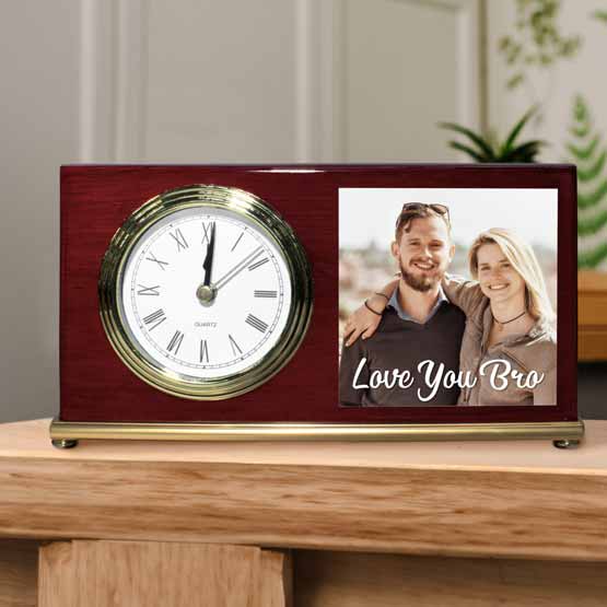 Custom Landscape Rosewood Clock With Printed Aluminum Plate With Photo And Text On Table