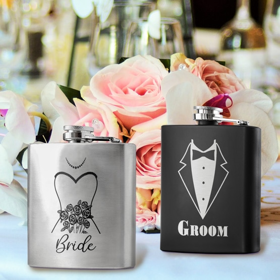 Groom & Bride Flask Set on Table