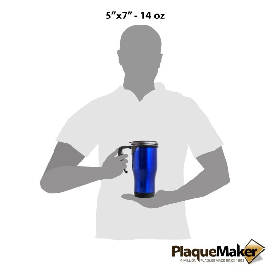 Customizable 14 oz Blue Stainless Steel Travel Mug with Handle | 5x 7, PlaqueMaker