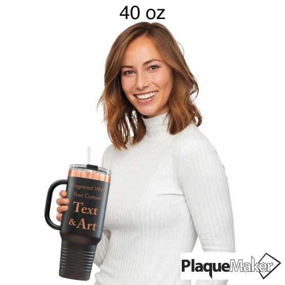 Woman Holding 40 Oz Black And Gold Coffee Tumbler To Show Size