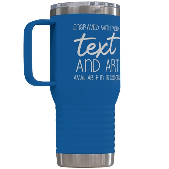 Custom 20 oz Blue Tumbler with Handle Engraved with Your Message and Art or Logo