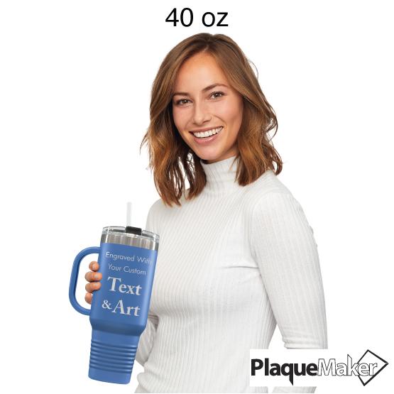 Custom Engraved 40 oz Blue Tumbler with Handle Size Guide showing 40 oz size