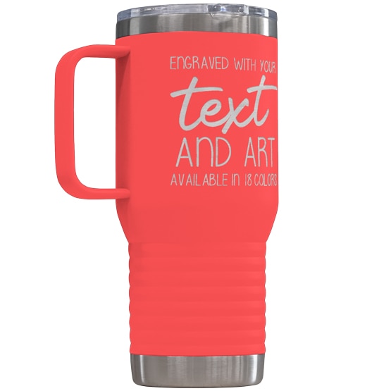 Custom 20 oz Coral Tumbler with Handle Engraved with Your Message and Art or Logo