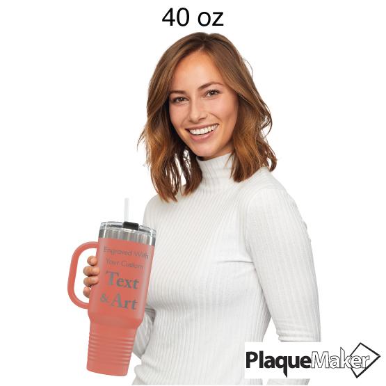 Custom Engraved 40 oz Coral Tumbler with Handle Size Guide showing 40 oz size