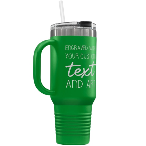 Custom 40 oz Green Tumbler with Handle Engraved with Your Message and Art or Logo
