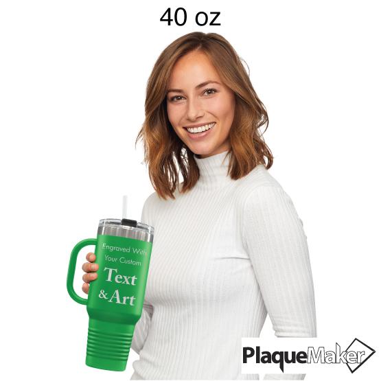 Custom Engraved 40 oz Green Tumbler with Handle Size Guide showing 40 oz size