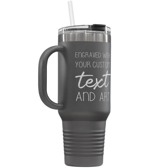 Custom 40 oz Gray Tumbler with Handle Engraved with Your Message and Art or Logo