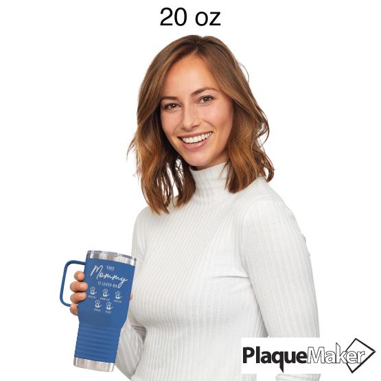 20 oz Tumbler with Handle Size Guide. Woman is holding tumbler to show how large the tumbler is.